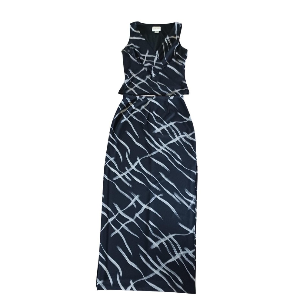 Cache Vintage‎ 2 Piece Maxi Skirt Set Black White Abstract Brushstroke Size 8
